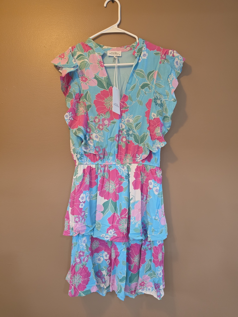 Floral Tiered Midi Dress in Blue & Pink